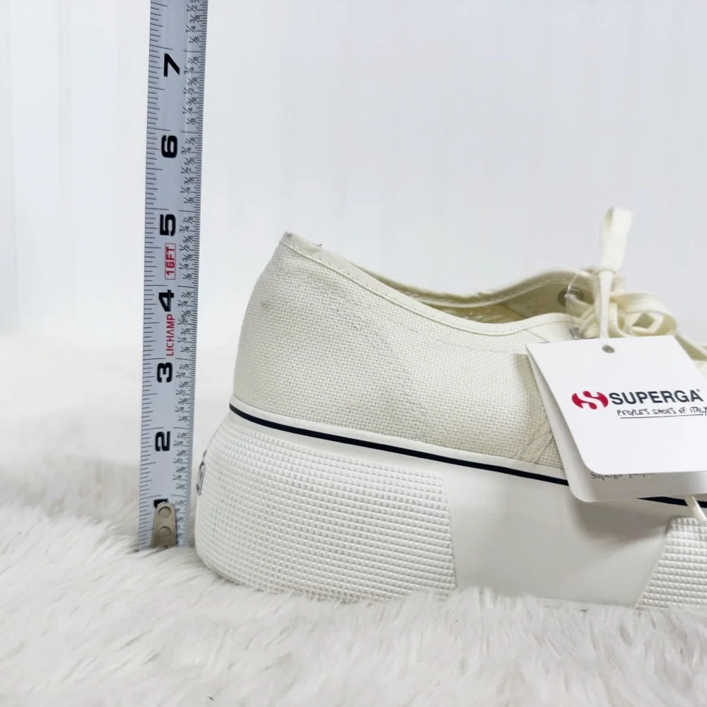 SUPERGA Canvas Platform Sneaker Size 8 Beige Cream Lace Up Clean Girl Scandi‎